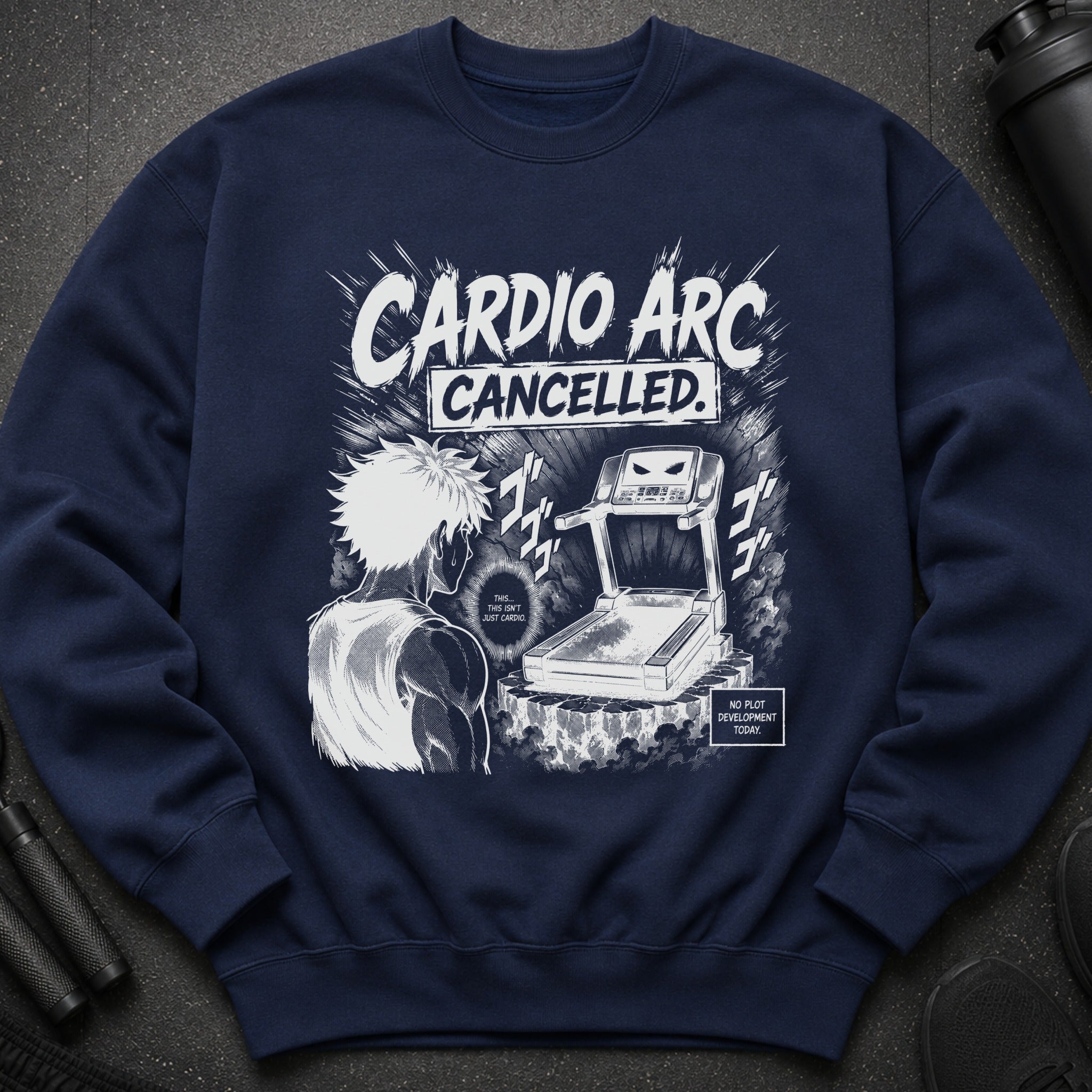 Navy sweatshirt with anime-style graphic: "Cardio Arc Cancelled" and a treadmill.