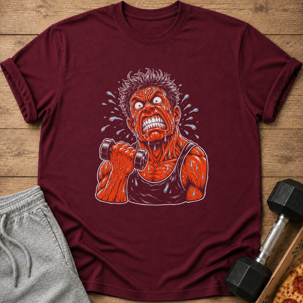 Maroon t-shirt with distressed cartoon man lifting dumbbell, sweating heavily.