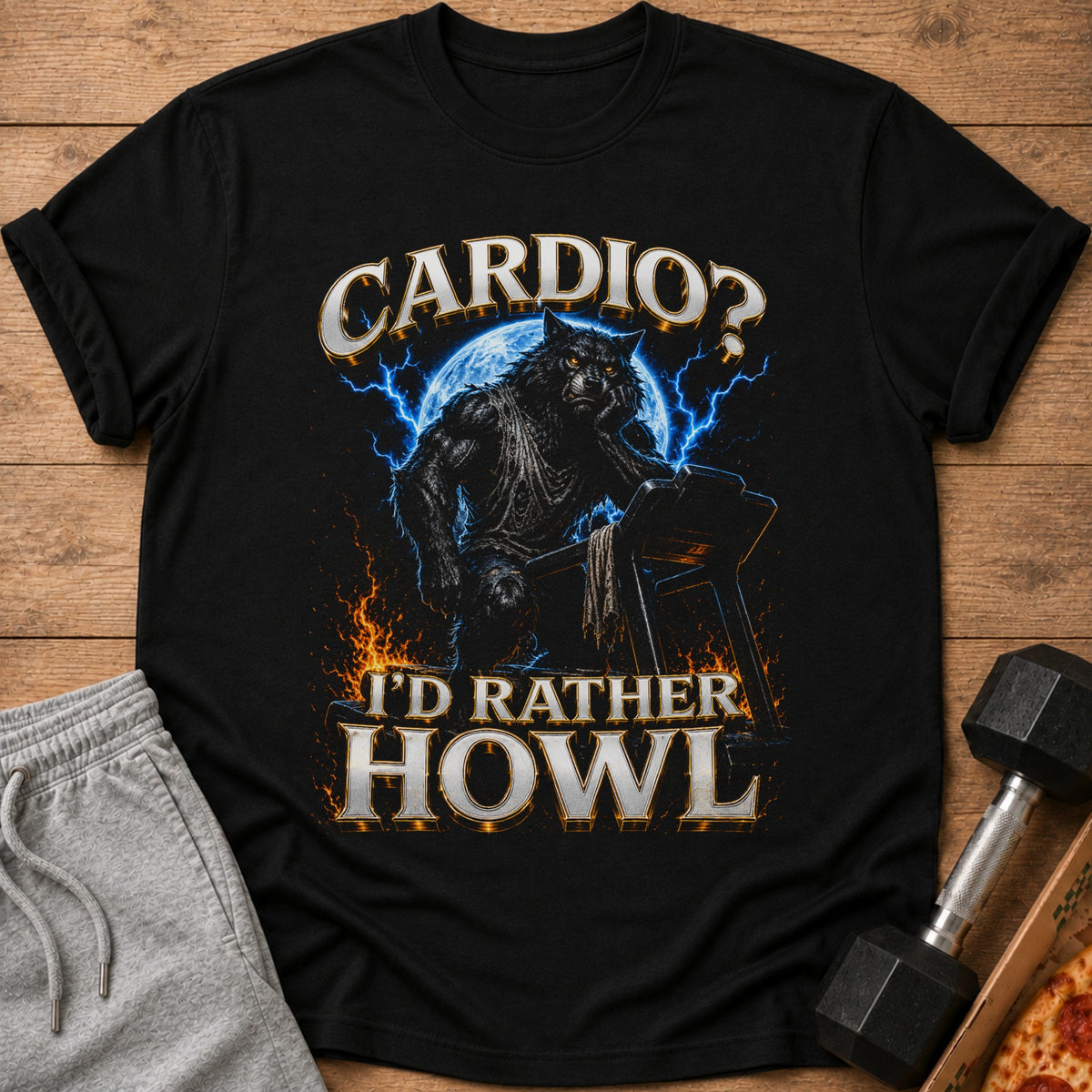 Black t-shirt with werewolf on treadmill, "Cardio? I'd Rather Howl" text.