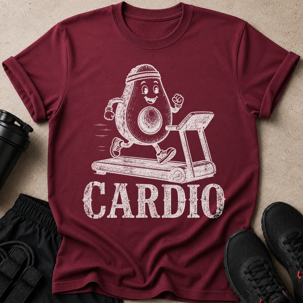 Maroon t-shirt with white cartoon avocado running on treadmill graphic and "CARDIO" text.