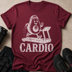 Maroon t-shirt with white cartoon avocado running on treadmill graphic and "CARDIO" text.