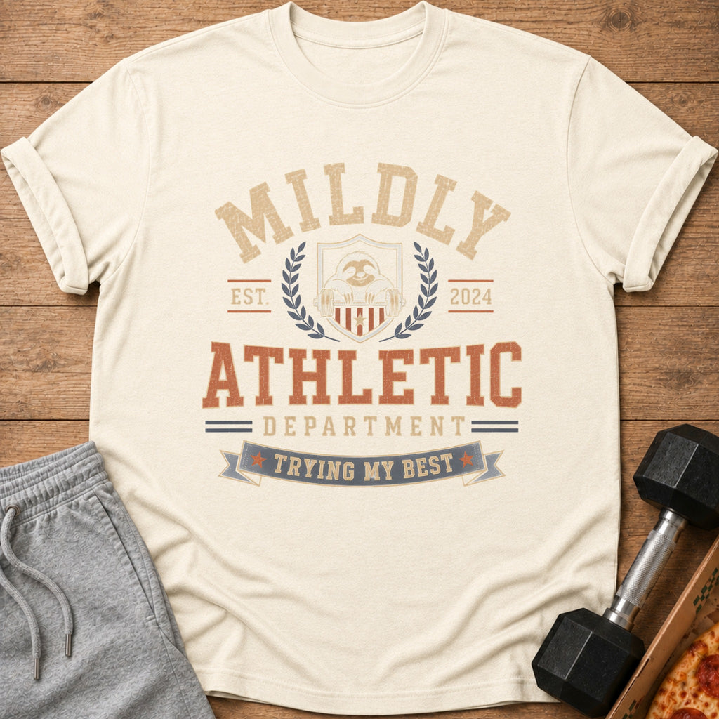 Cream t-shirt with "MILDLY ATHLETIC DEPARTMENT TRYING MY BEST" graphic.