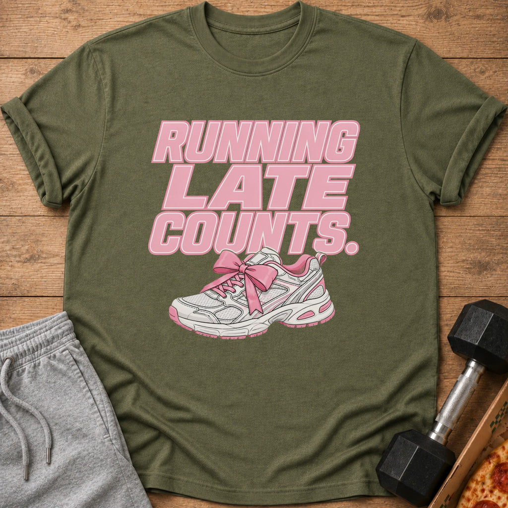 Olive green t-shirt with pink text "RUNNING LATE COUNTS." and a pink bow on a running shoe.