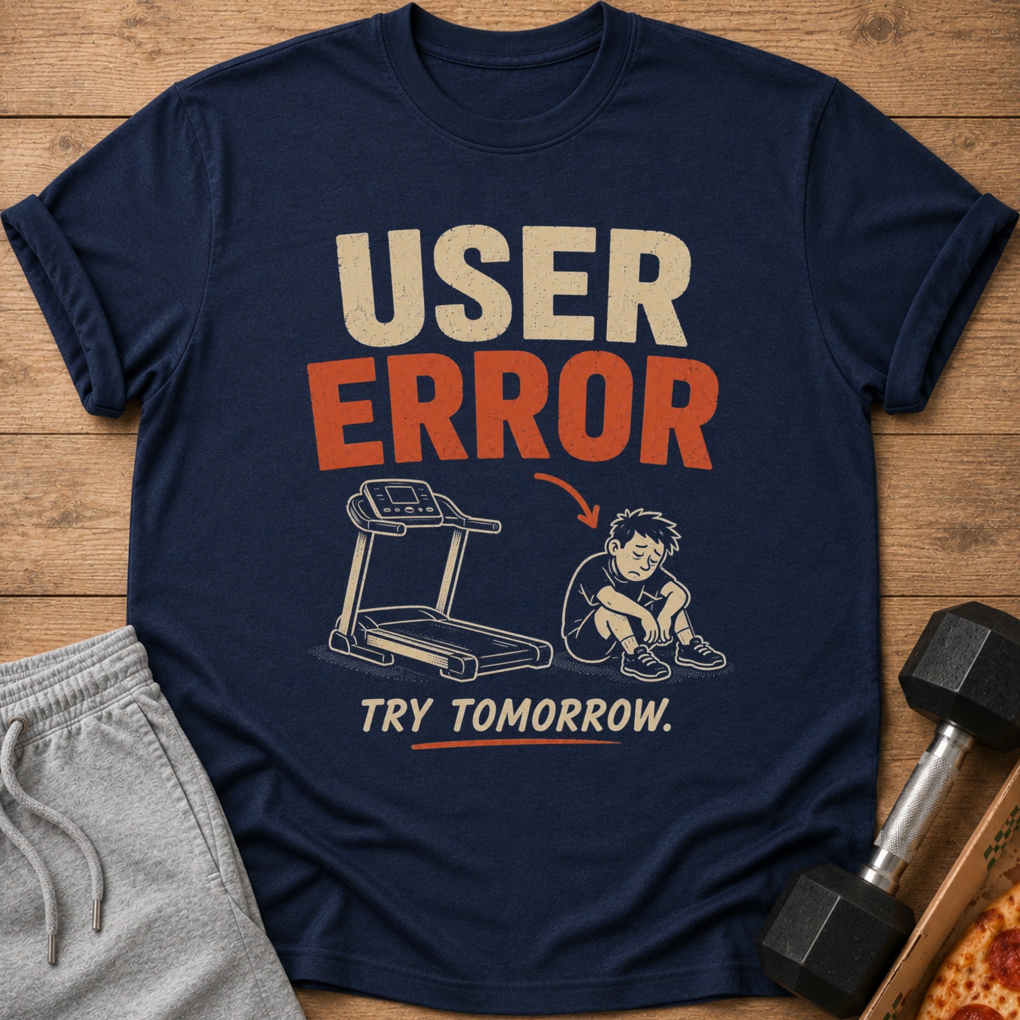 Dark blue t-shirt with "USER ERROR" and cartoon of sad boy next to treadmill.