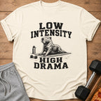 T-shirt with a capybara doing yoga and text "Low Intensity High Drama".
