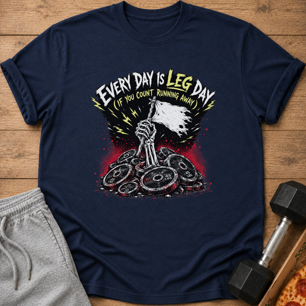 Navy t-shirt with skeleton arm holding flag over pile of weight plates.