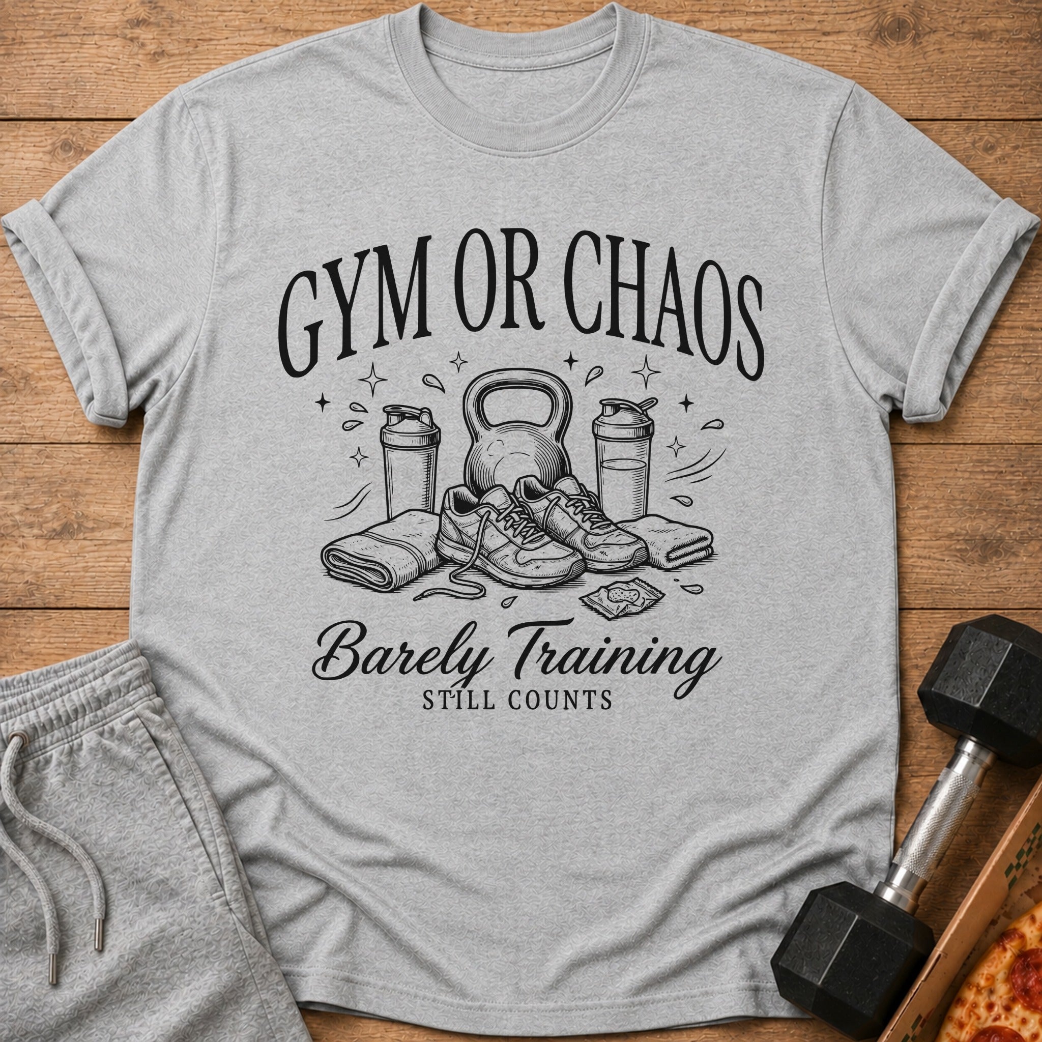 Grey t-shirt with "Gym or Chaos Barely Training Still Counts" graphic.