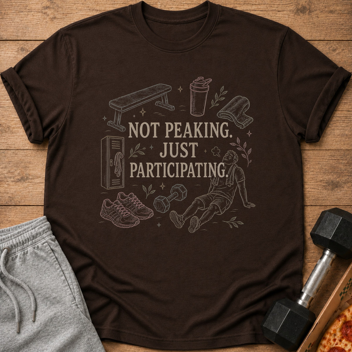 Brown t-shirt with gym illustrations and text: "NOT PEAKING. JUST PARTICIPATING."