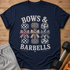 Navy t-shirt with text "BOWS & BARBELLS" and patterned dumbbells.