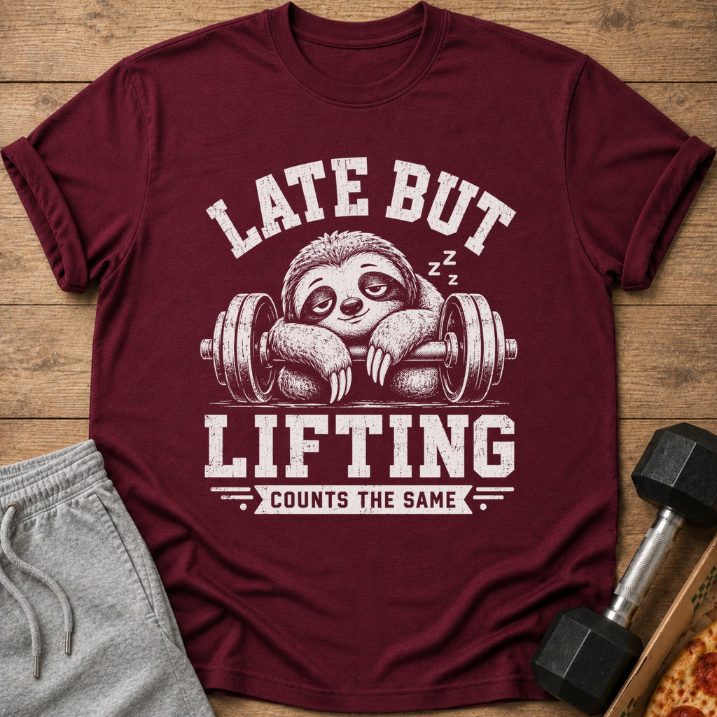 Maroon t-shirt with white text "LATE BUT LIFTING COUNTS THE SAME" and sleepy sloth.