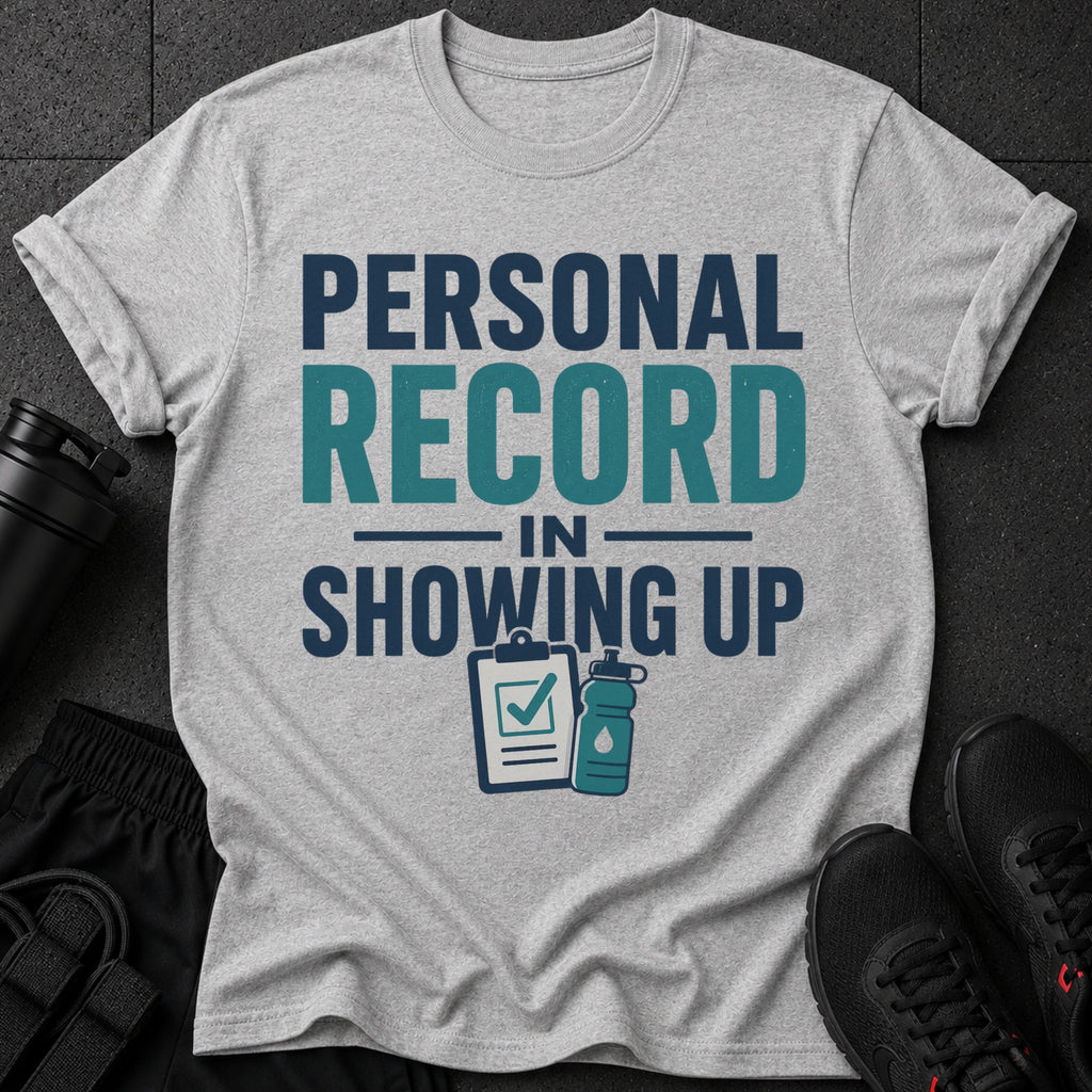 Light gray t-shirt with "Personal Record In Showing Up" text and workout icons.