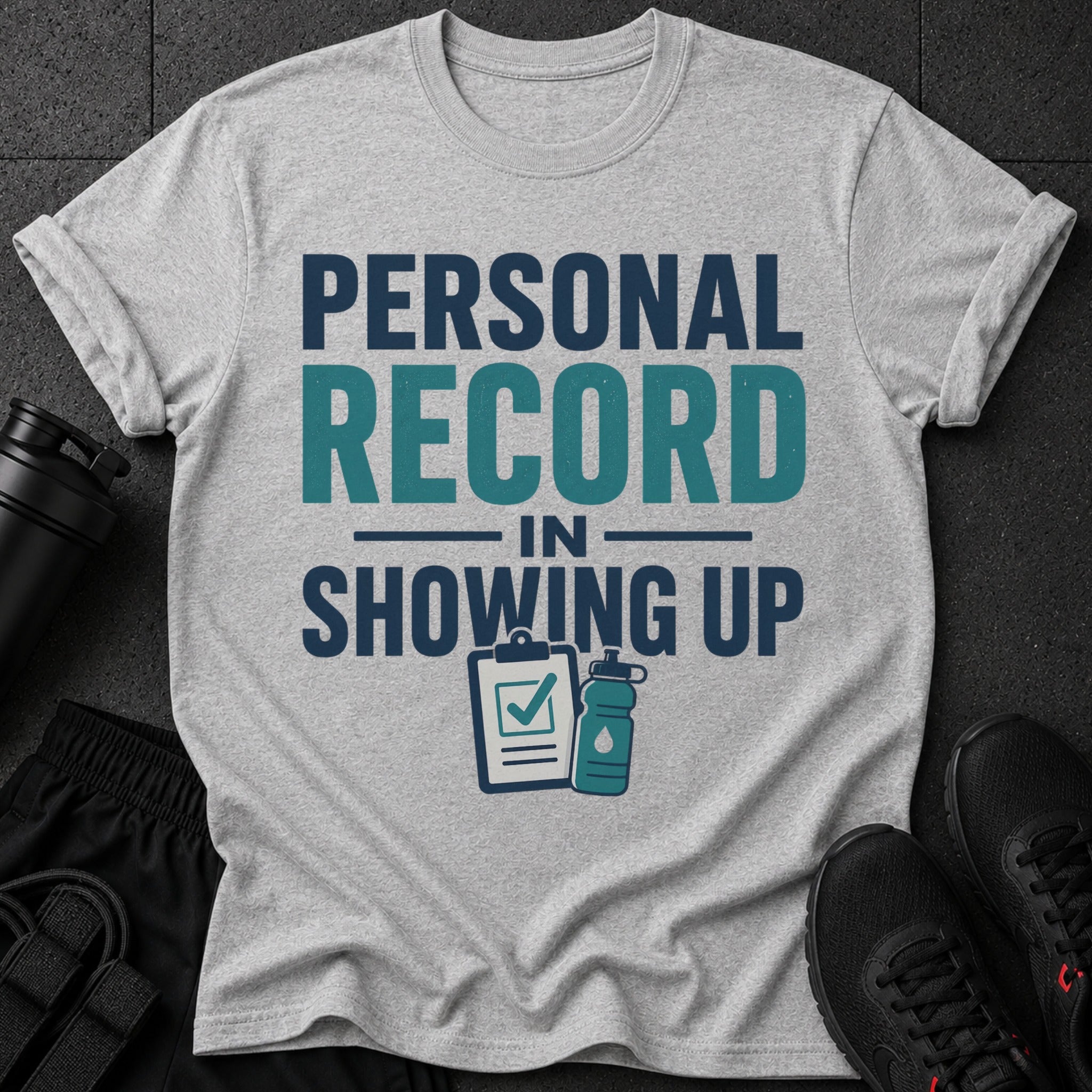 Light gray t-shirt with "Personal Record In Showing Up" text and workout icons.