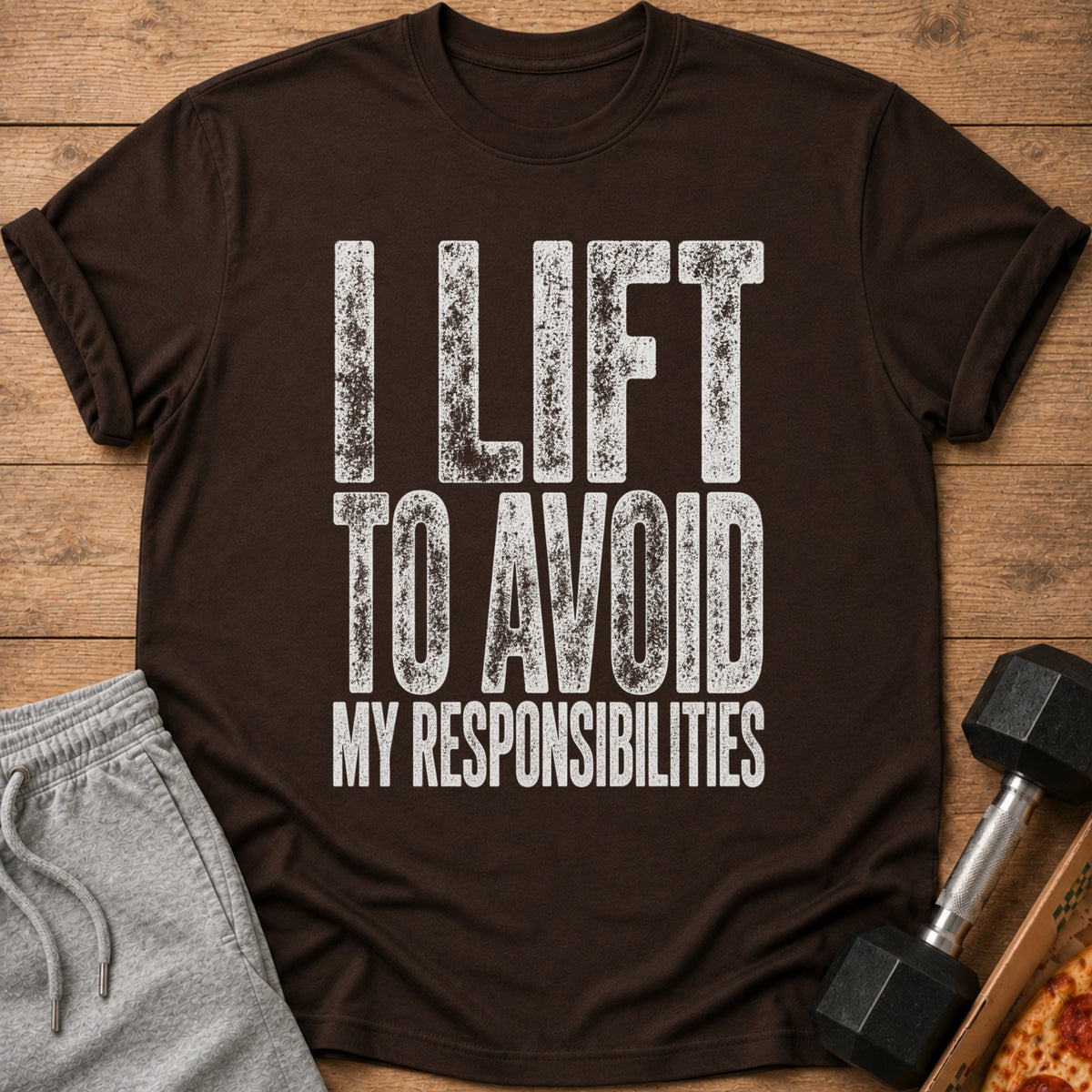 Brown t-shirt with white distressed text "I LIFT TO AVOID MY RESPONSIBILITIES".