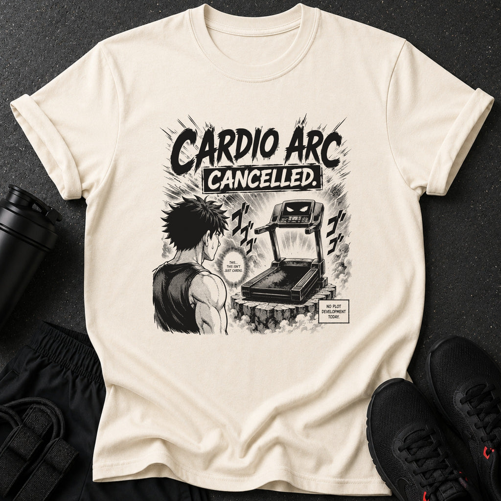 T-shirt with black ink graphic of man facing treadmill, text reads "Cardio Arc Cancelled."