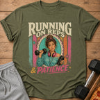 T-shirt graphic with text "Running on Reps & Patience" featuring a woman lifting weights.