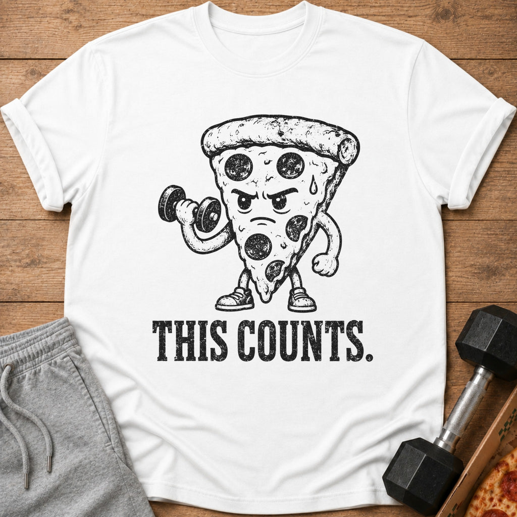 White t-shirt with distressed graphic of pizza lifting dumbbell and text "THIS COUNTS."
