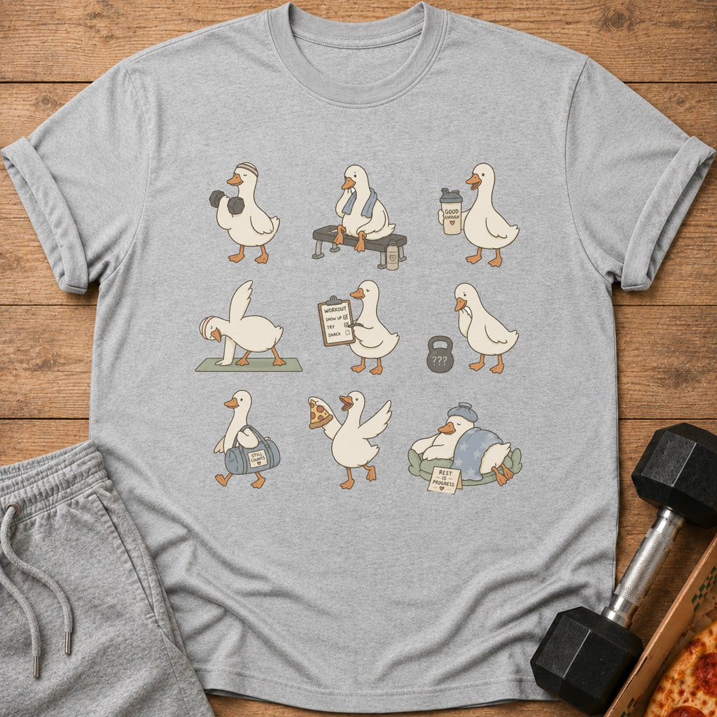 Gray t-shirt with cartoon ducks lifting weights, doing yoga, and eating pizza.