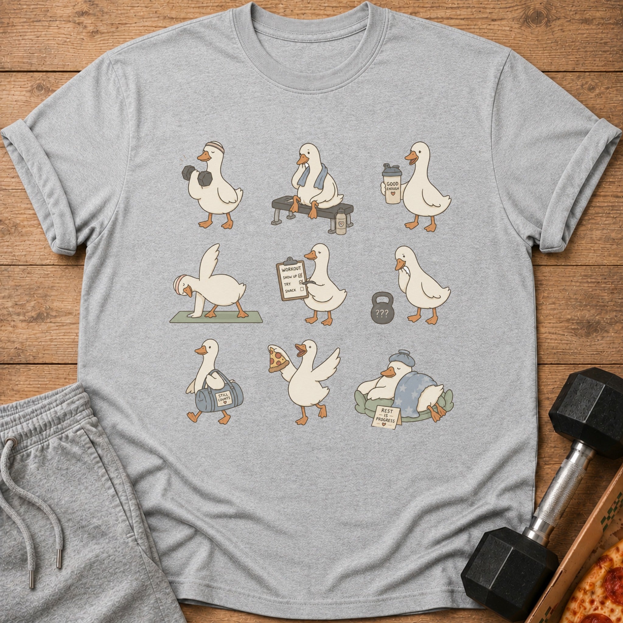 Gray t-shirt with cartoon ducks lifting weights, doing yoga, and eating pizza.