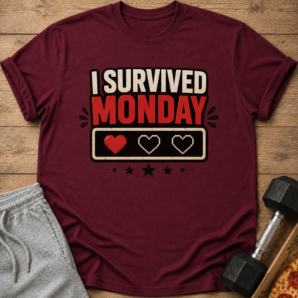 Maroon t-shirt with "I Survived Monday" text and a pixelated heart health bar.