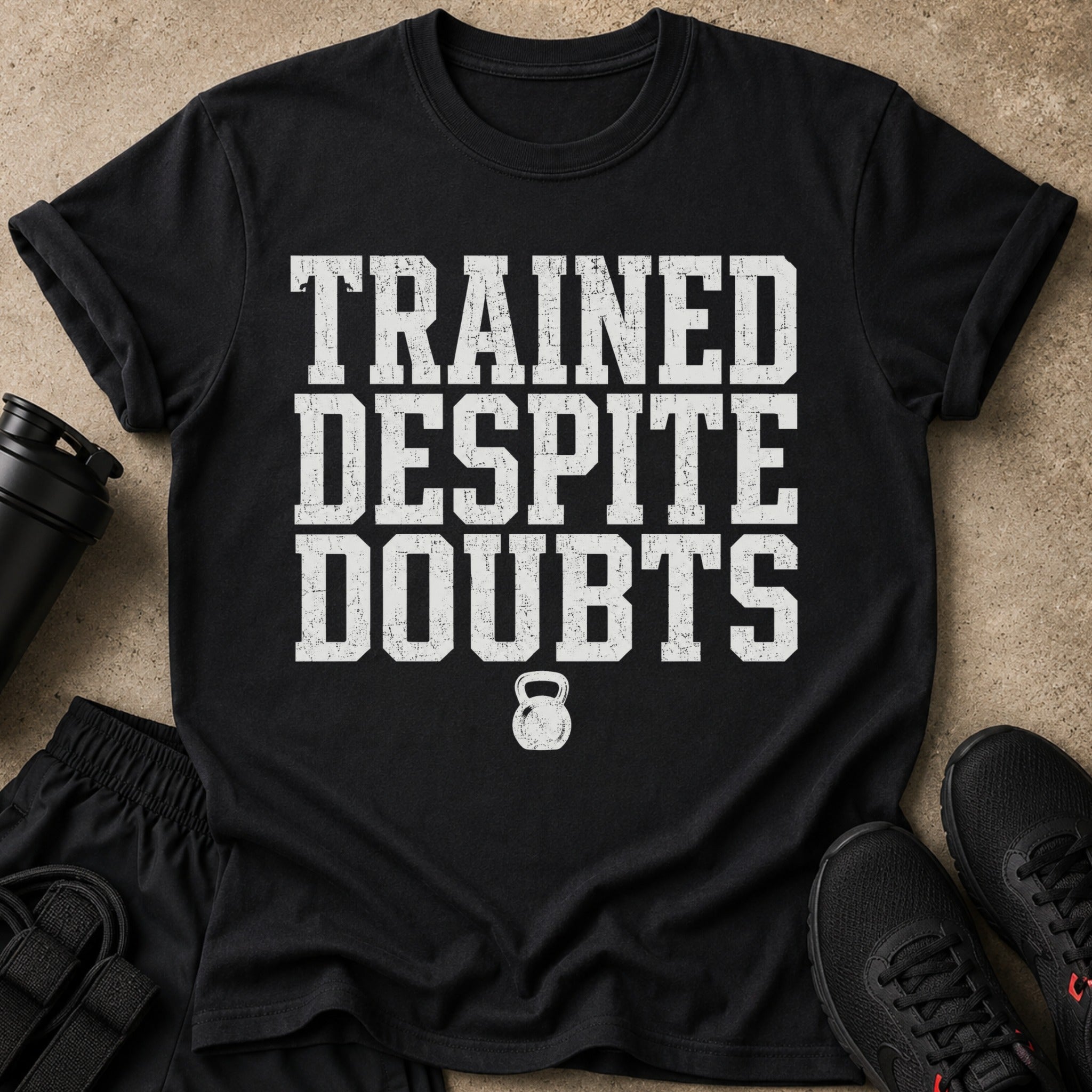 Black t-shirt with white distressed text "TRAINED DESPITE DOUBTS" and a kettlebell graphic.