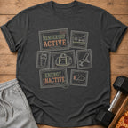 Dark gray t-shirt with "Membership Active" and "Energy Inactive" stamp graphics.