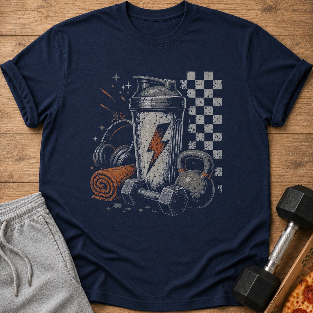 Navy t-shirt with gym equipment graphic including shaker, dumbbell, kettlebell, headphones, and towel.