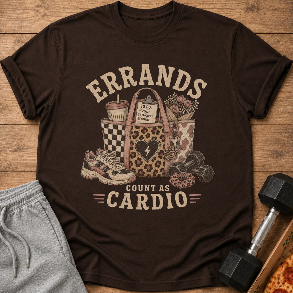 Brown t-shirt with graphic: "Errands Count As Cardio" and checklist.