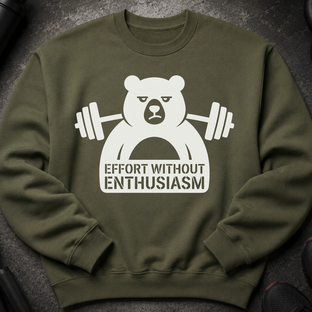 Olive green sweatshirt with white grumpy bear lifting weights graphic.