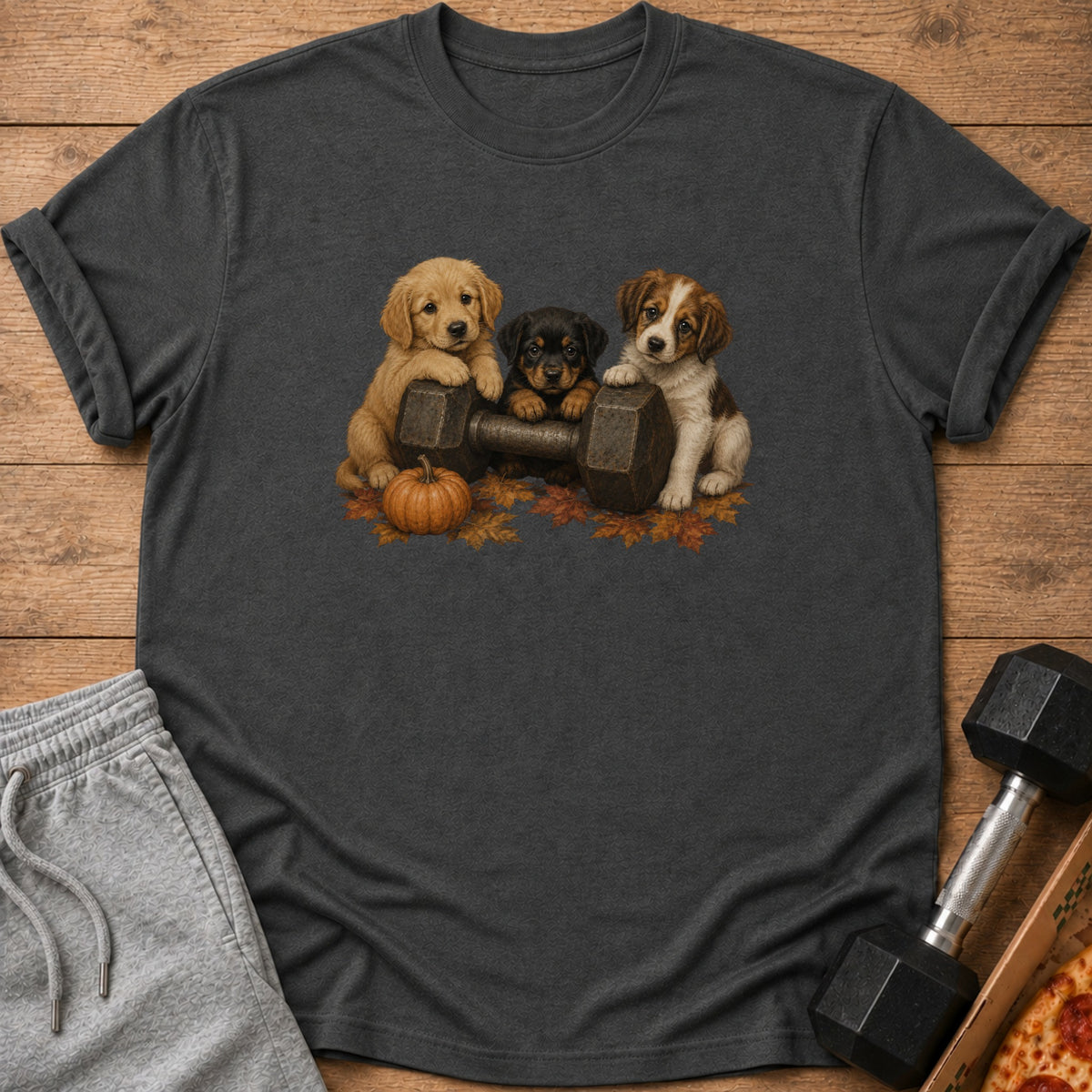 Three puppies pose on a dumbbell with a pumpkin and fall leaves.