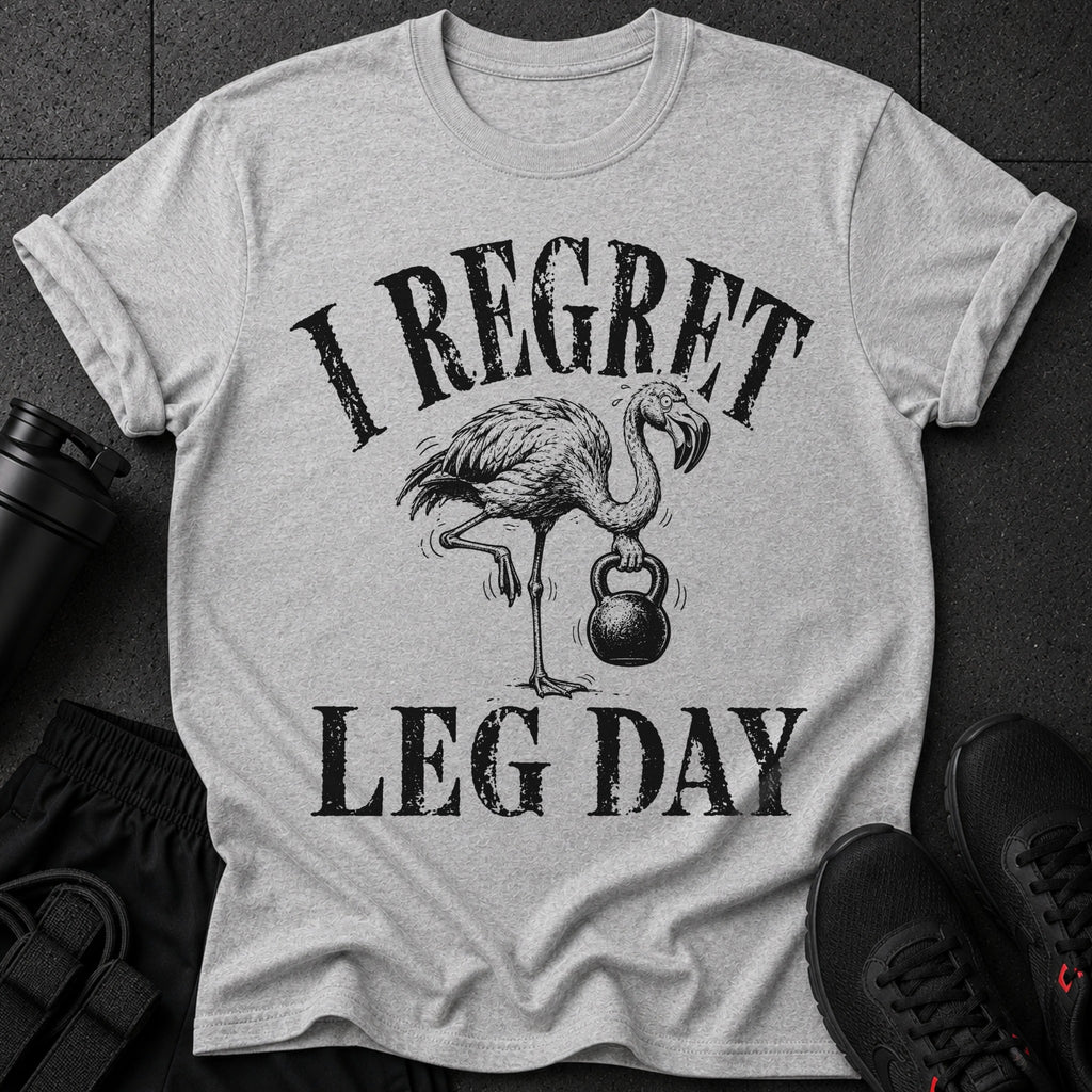 Grey t-shirt with a flamingo holding a kettlebell and text "I REGRET LEG DAY".