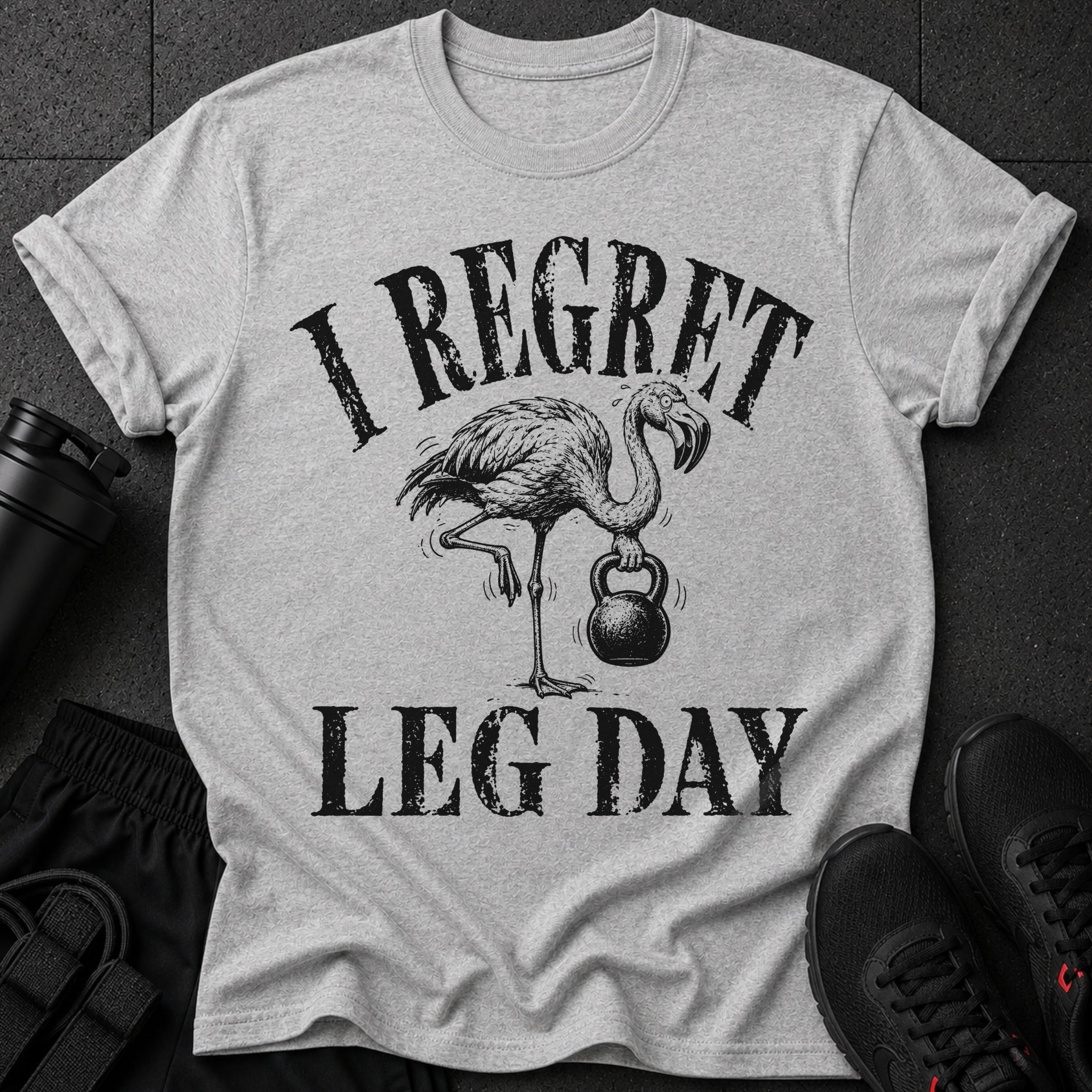 Grey t-shirt with a flamingo holding a kettlebell and text "I REGRET LEG DAY".