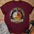 Maroon t-shirt with "Olympic Level Rest Periods" graphic and stopwatch imagery.