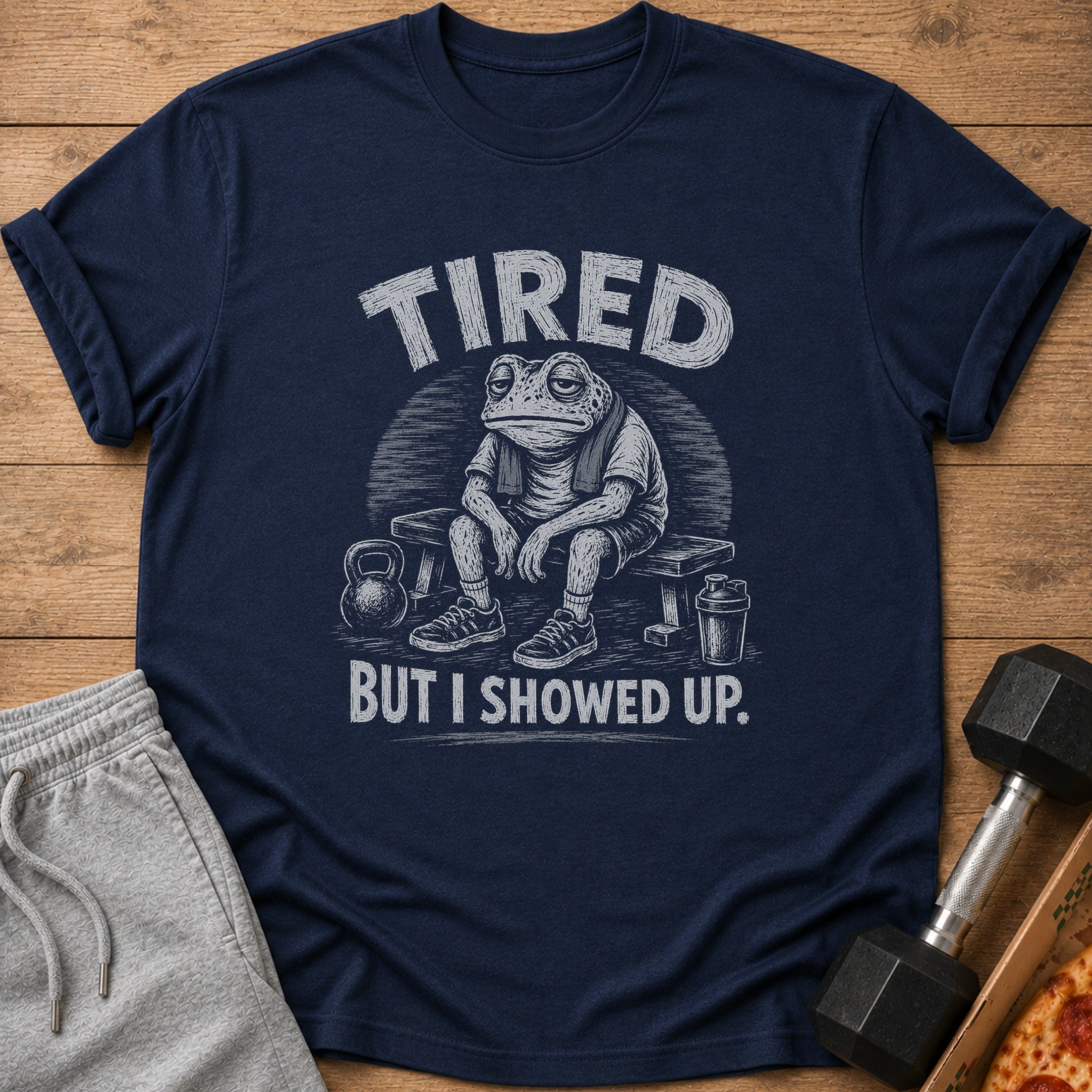 Dark blue t-shirt with text "TIRED BUT I SHOWED UP." and frog graphic.