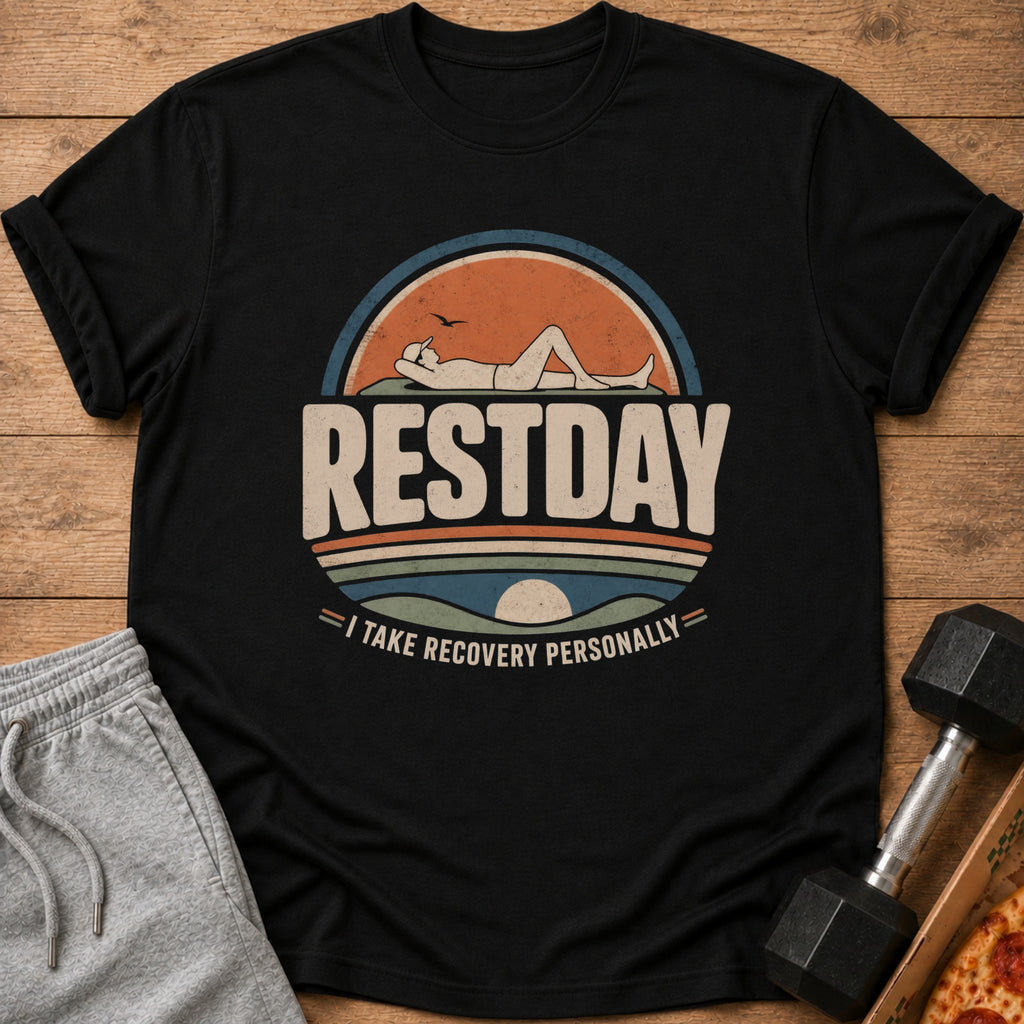 Black t-shirt with vintage sunset graphic and text "RESTDAY I TAKE RECOVERY PERSONALLY".