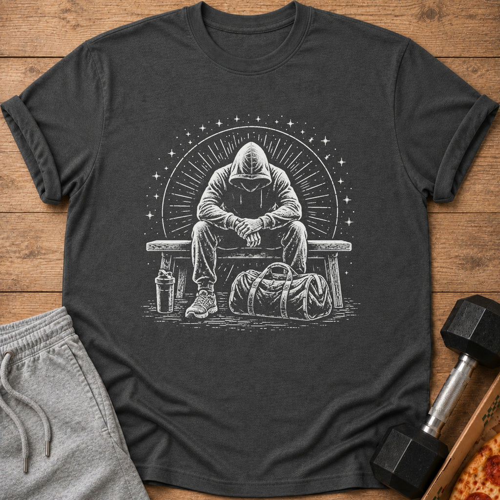 T-shirt with graphic of person in hoodie sitting on bench with gym bag.