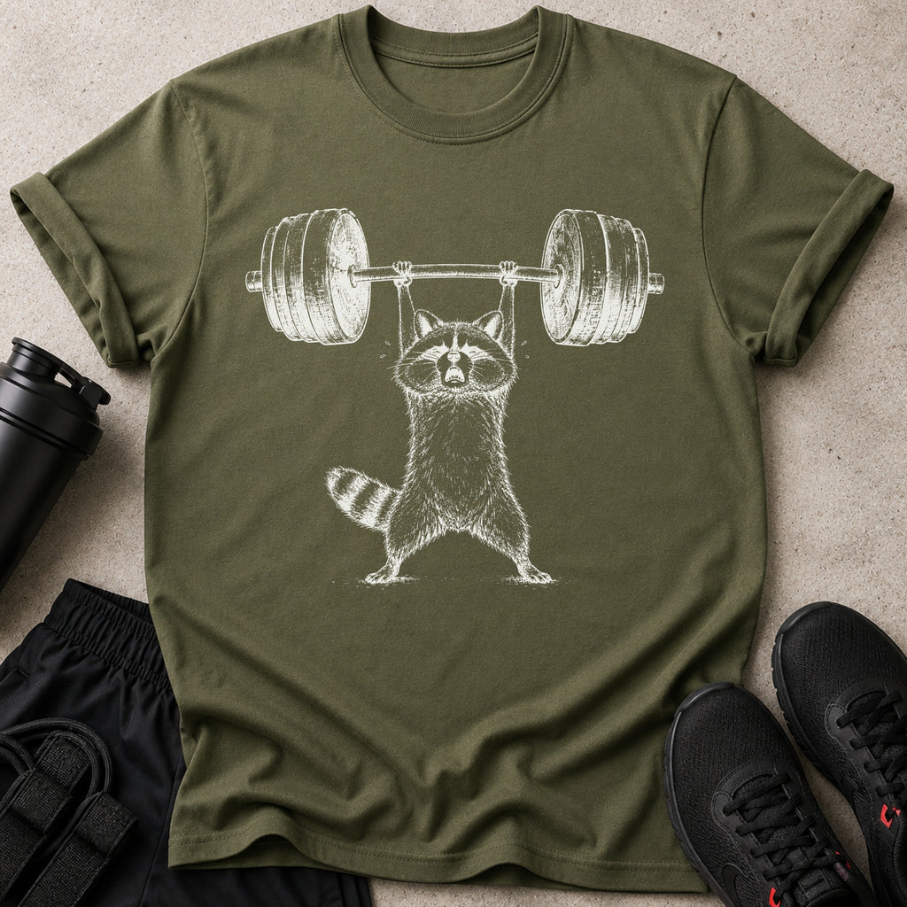 Olive green t-shirt with a white raccoon lifting a barbell graphic.