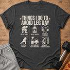 T-shirt with "Things I Do To Avoid Leg Day" and six humorous icons.