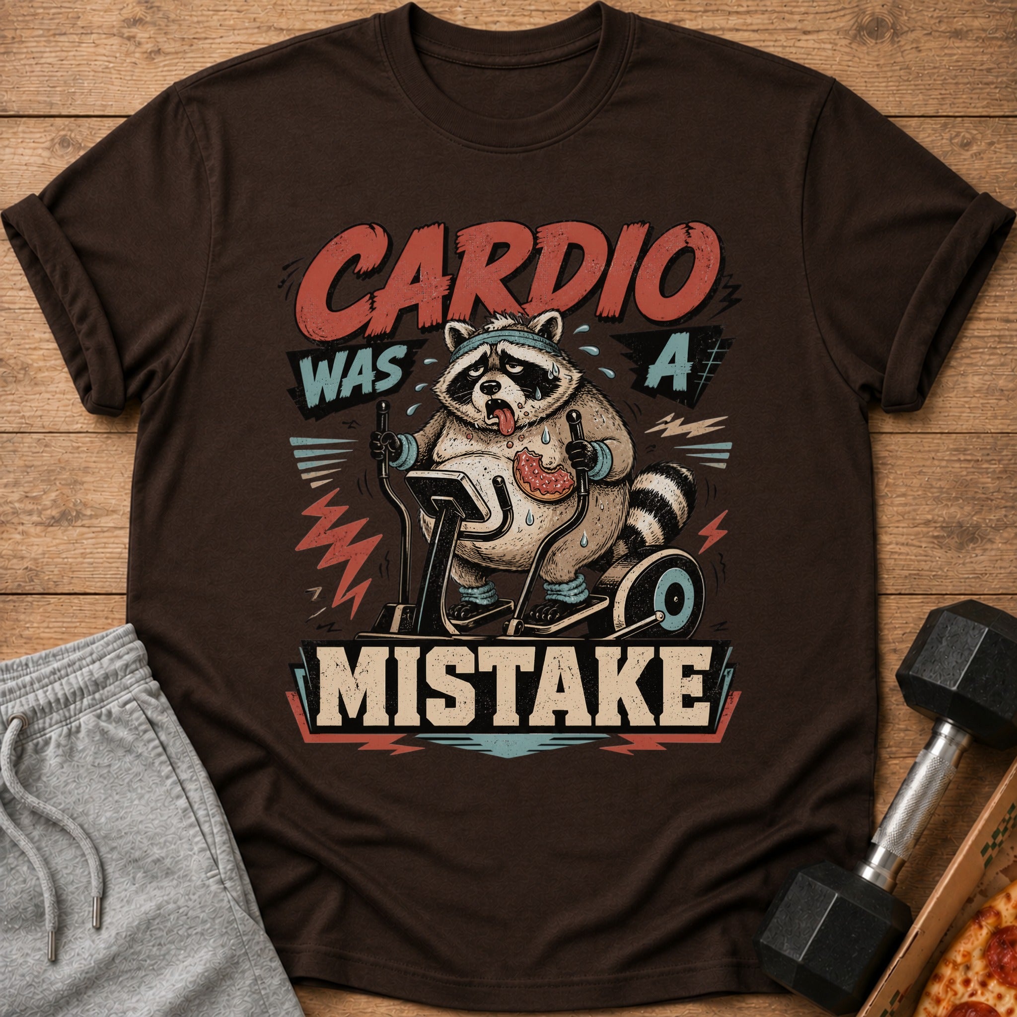 Brown t-shirt featuring a raccoon on an exercise bike with text "Cardio Was A Mistake".