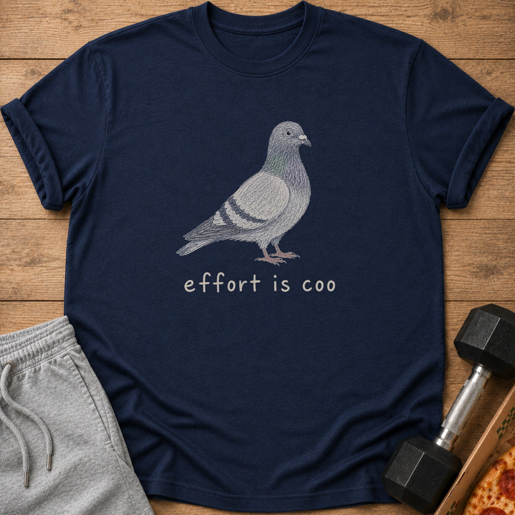Navy t-shirt with a pigeon illustration and text "effort is coo".