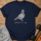 Navy t-shirt with a pigeon illustration and text "effort is coo".