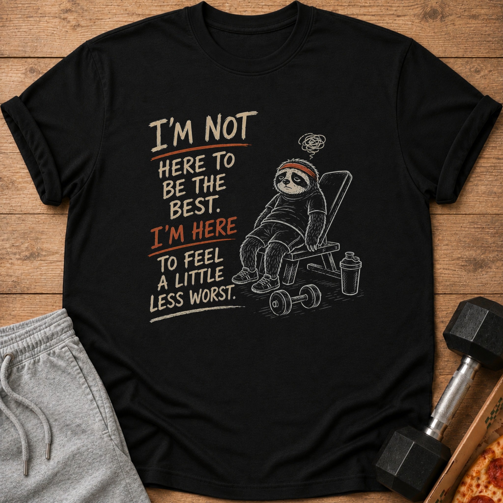 Black t-shirt with sloth exercising and text "I'm not here to be the best. I'm here to feel a little less worst."