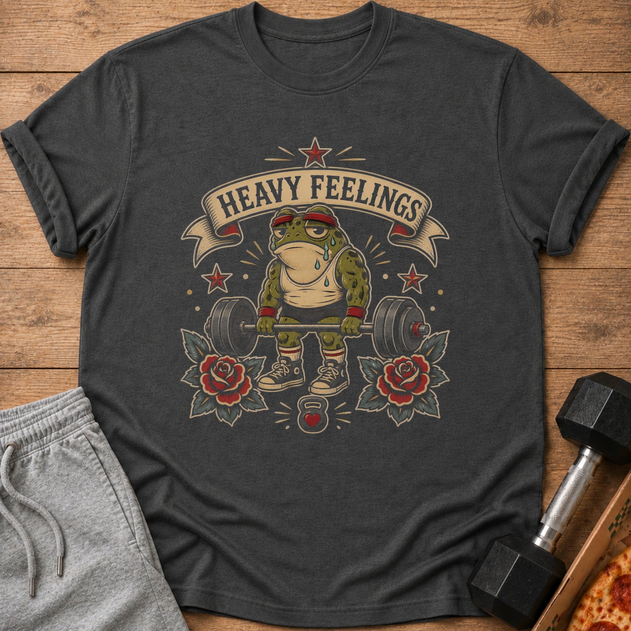 Muscular frog with barbell, banner text "HEAVY FEELINGS", roses, and a kettlebell.
