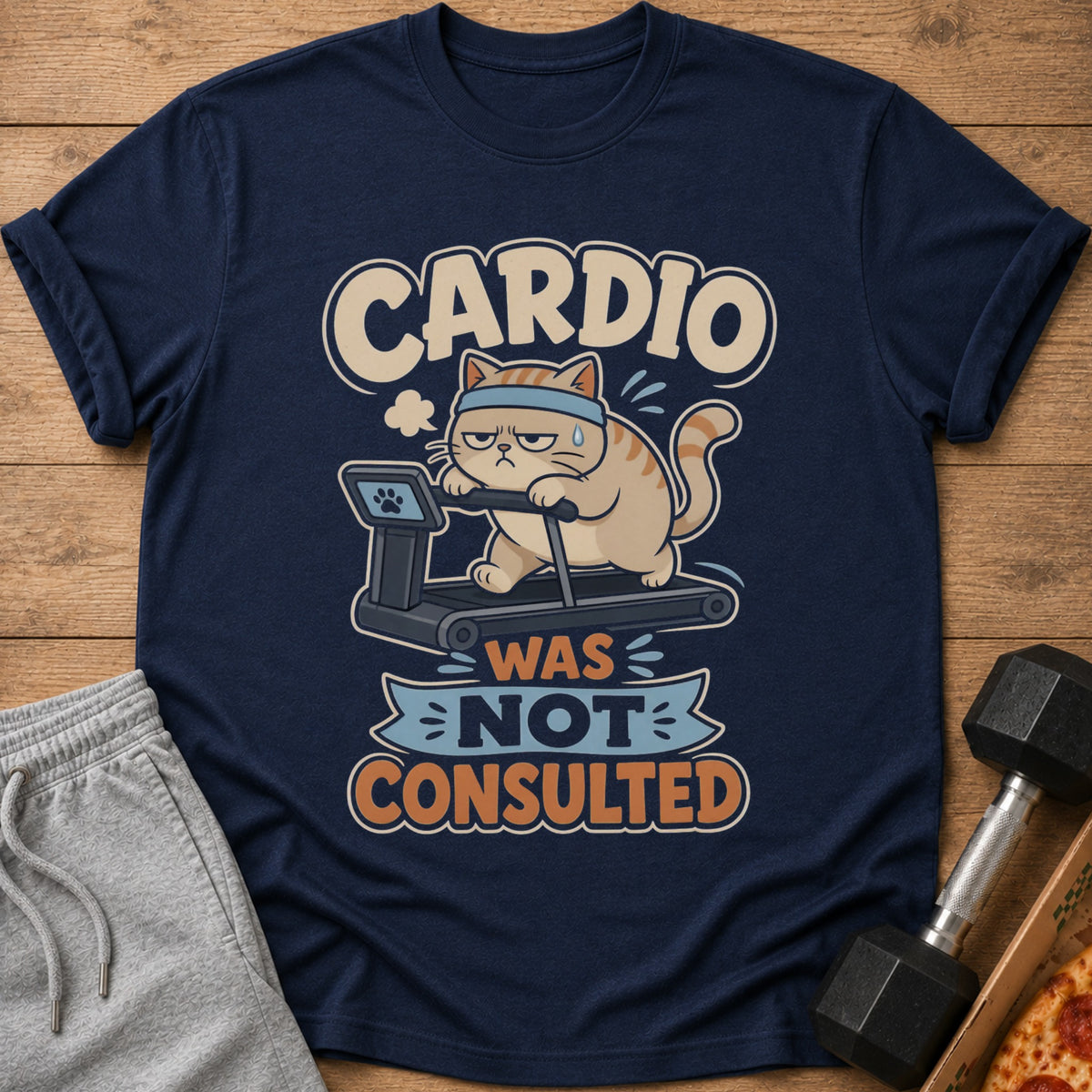 T-shirt with cartoon cat on treadmill, text reads "CARDIO WAS NOT CONSULTED".