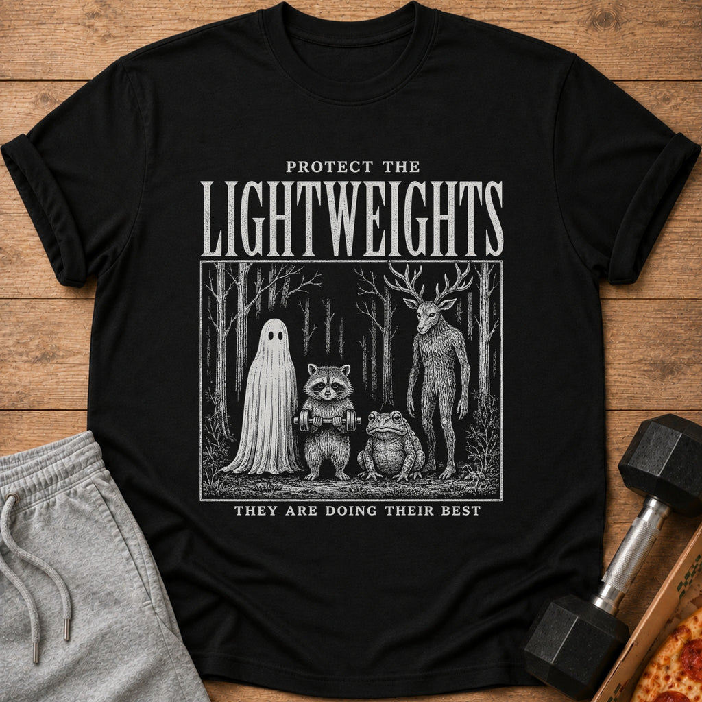 Black t-shirt with "Protect the Lightweights" and forest creatures including a ghost, raccoon, frog, and deer-like figure.