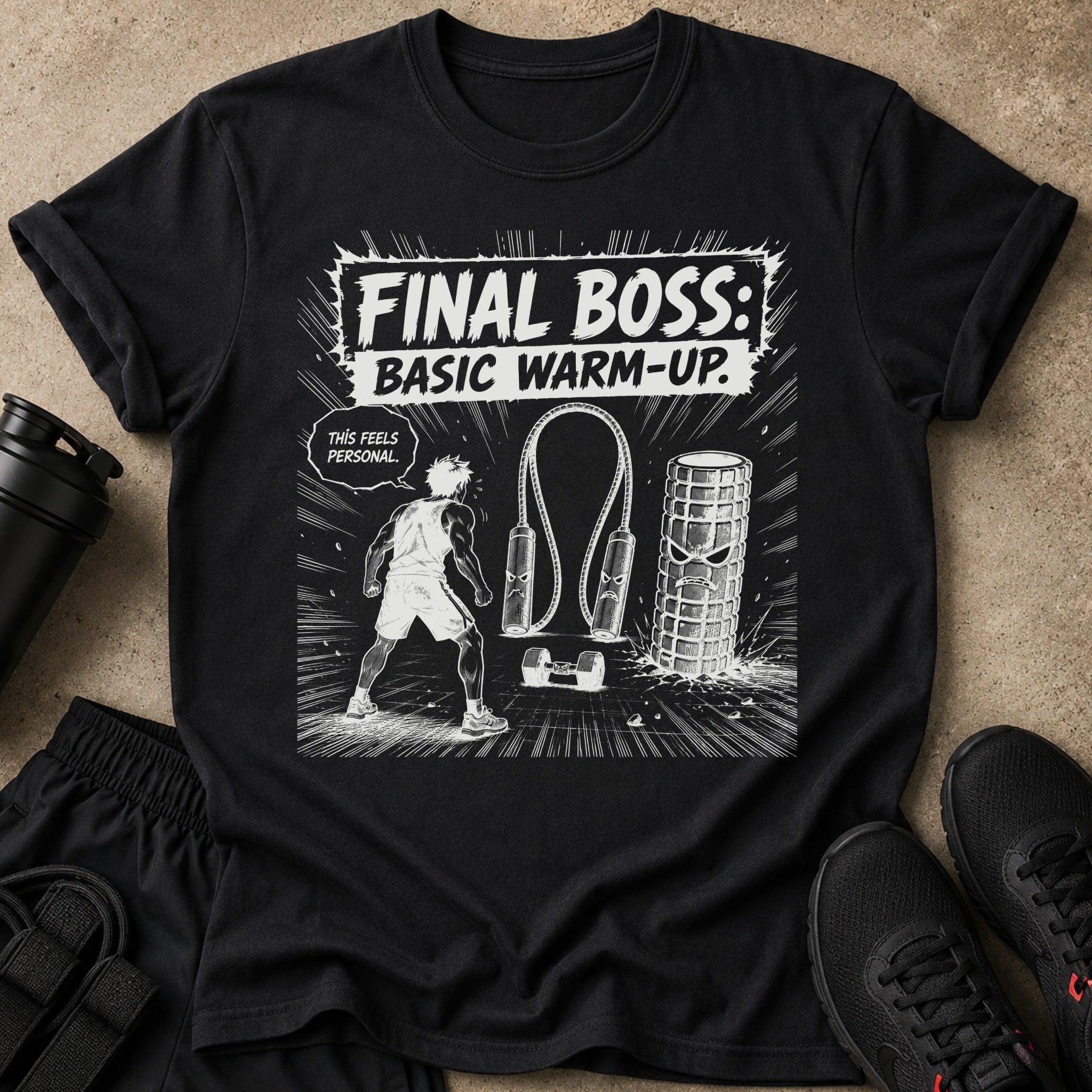 Black t-shirt with "FINAL BOSS: BASIC WARM-UP" graphic and a cartoon figure.