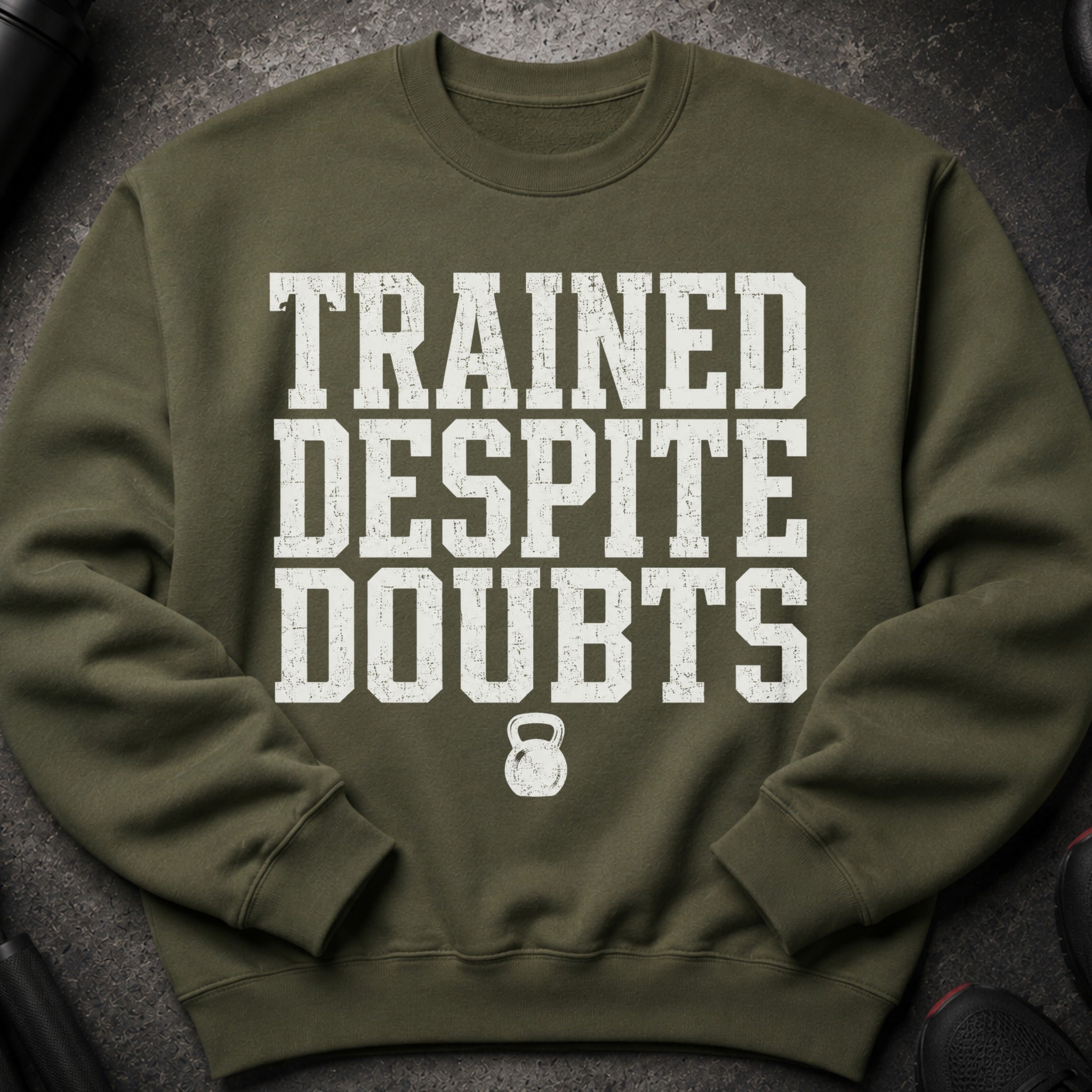 Green sweatshirt with white text "TRAINED DESPITE DOUBTS" and a kettlebell graphic.