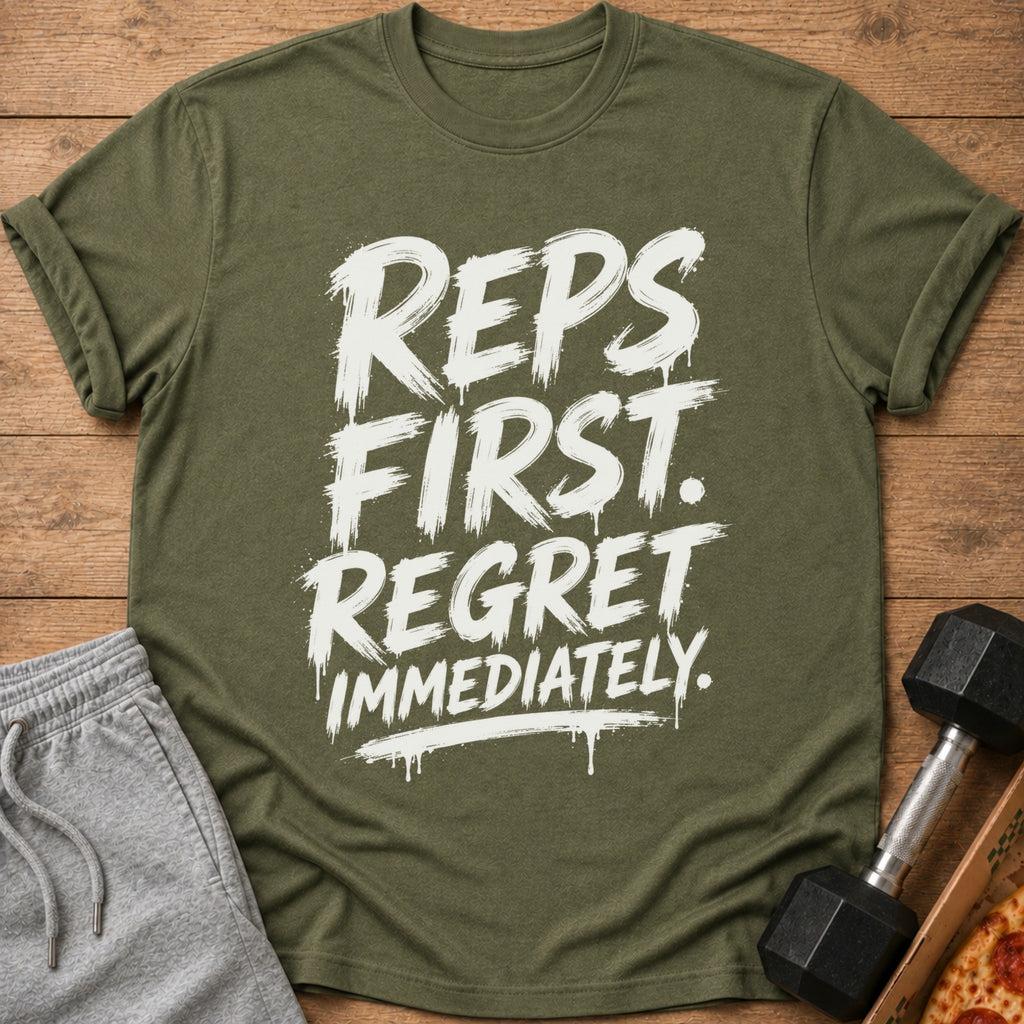 Olive t-shirt with white "REPS FIRST. REGRET IMMEDIATELY." text and workout gear.