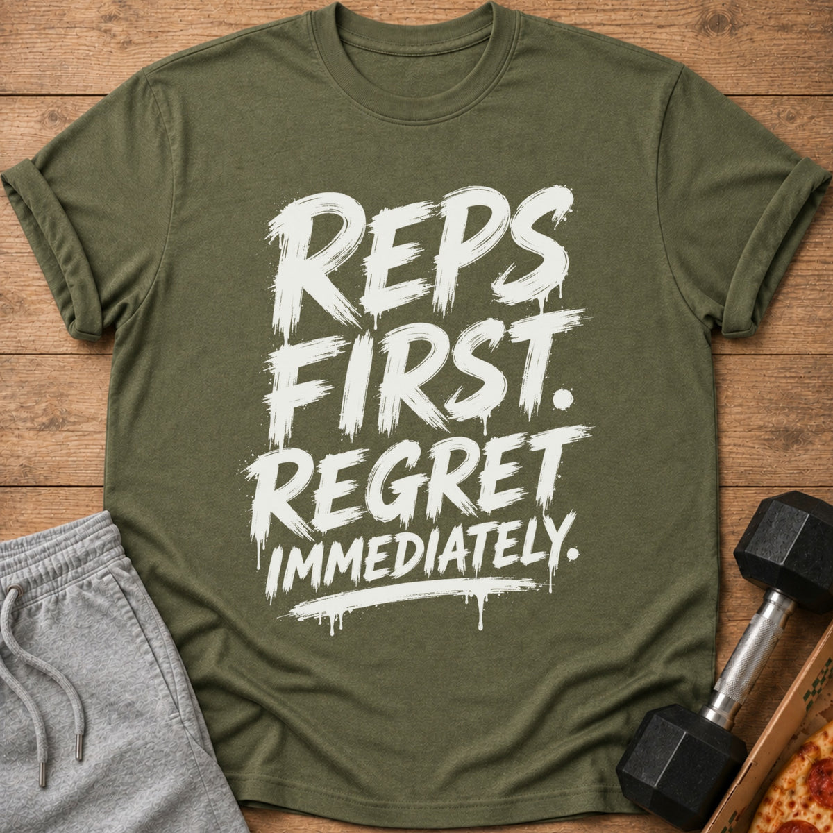Olive t-shirt with white "REPS FIRST. REGRET IMMEDIATELY." text and workout gear.