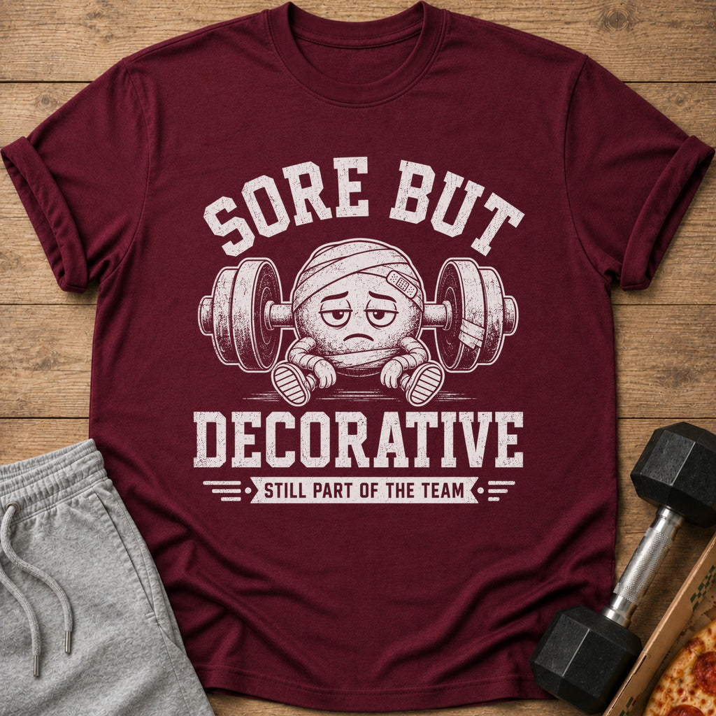 Maroon t-shirt with a cartoon character lifting weights and text "Sore But Decorative".