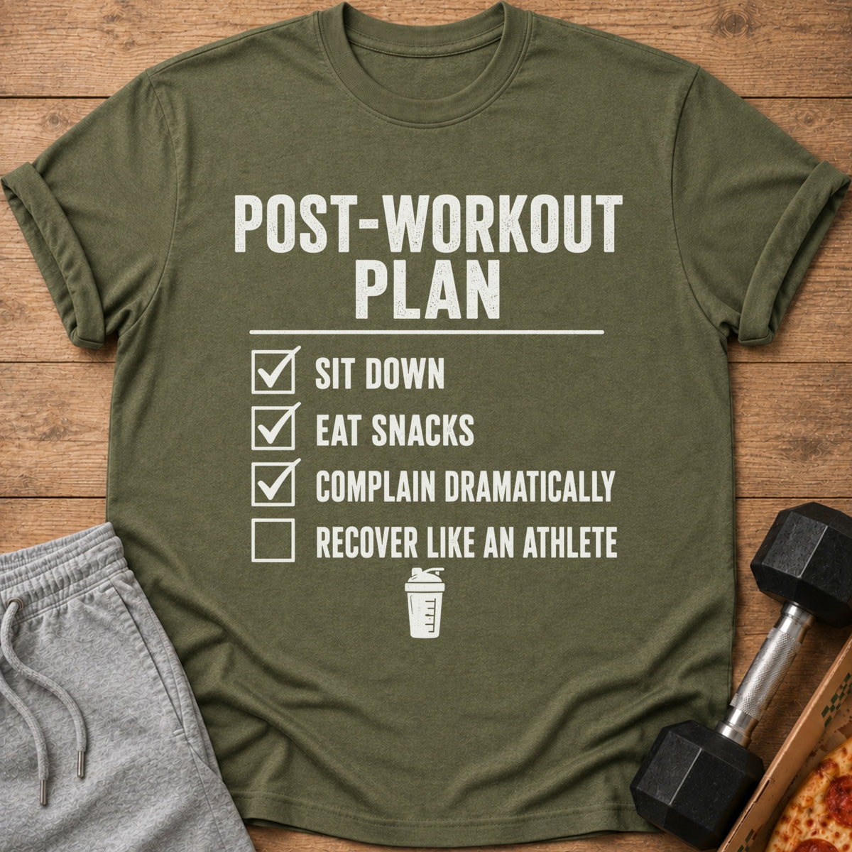 Olive green t-shirt with "Post-Workout Plan" text and a checklist.